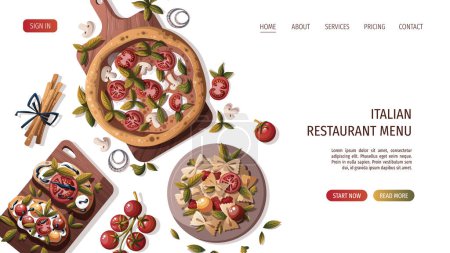 Téléchargez les illustrations : Site de cuisine italienne illustration vectorielle, menu restaurant italien - en licence libre de droit