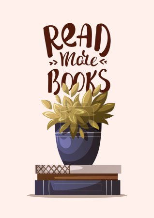 Ilustración de Leer más libros, libros y flores en jarrón. ilustración vectorial. - Imagen libre de derechos