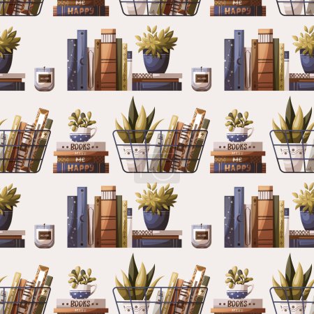 Illustration for Seamless pattern of books and flowers, home decor - Royalty Free Image