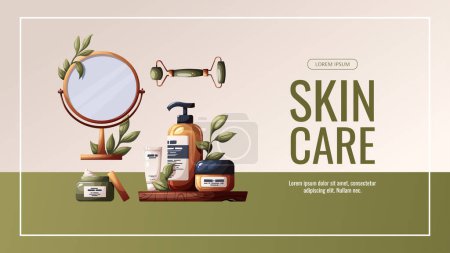 Banner design with beauty creams, cosmetics. Beauty, skin care, hair care, cleansing concept. Vector illustration for banner, promo, poster.          