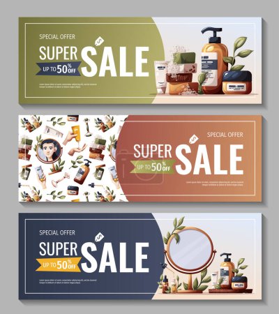Illustration for Set of banners with woman, cosmetics, beauty products. Beauty, skin care, cosmetic, spa, shower concept. Vector illustration for banners, promo, posters. - Royalty Free Image