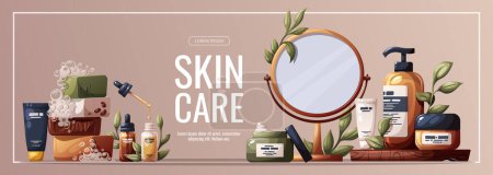 Banner design with beauty creams, cosmetics. Beauty, skin care, hair care, cleansing concept. Vector illustration for banner, promo, poster.          
