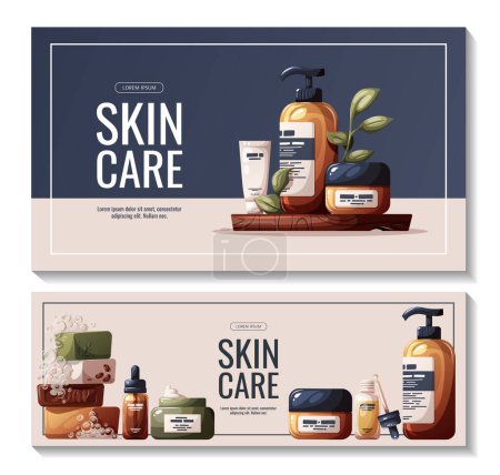 Set of banners with beauty creams, soap, serum. Beauty, skin care, hair care, cleansing, cosmetics concept. Vector illustration for banners, promo, posters.