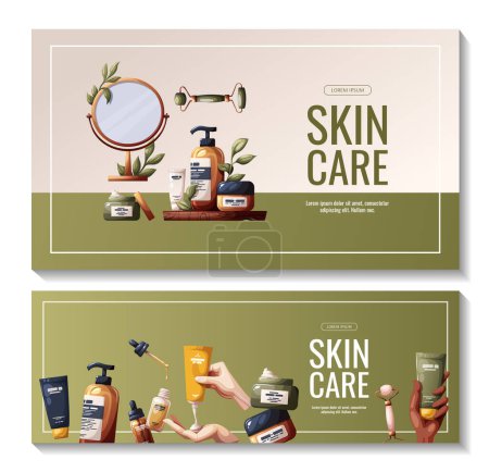 Illustration for Set of banners with beauty products, cosmetics, mirror. Beauty, skin care, body care, cleansing concept. Vector illustration for banners, promo, posters. - Royalty Free Image