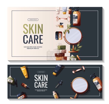 Téléchargez les illustrations : Set of banners with beauty products, cosmetics, mirror. Beauty, skin care, body care, cleansing concept. Vector illustration for banners, promo, posters. - en licence libre de droit