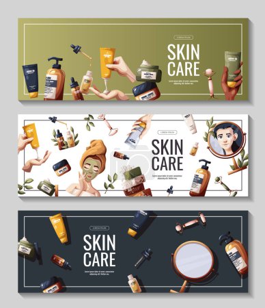 Set of flyers with woman, cosmetics, beauty products. Beauty, skin care, cosmetic, spa, shower concept. Vector illustration for banners, promo, posters.