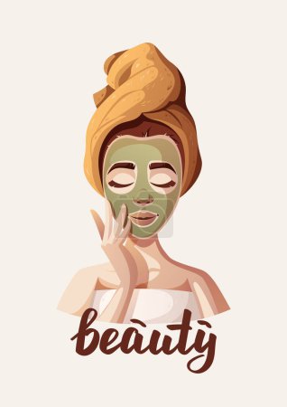 Illustration for Card design with woman with beauty face mask. Beauty, skin care, cosmetic, spa concept. Vector illustration for banner, card, poster. - Royalty Free Image