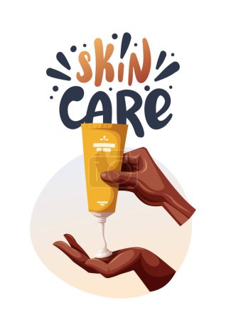 Illustration for Card design with hands with tube of cream. Beauty, skin care, body care, cosmetic concept. Vector illustration for card, poster, banner. - Royalty Free Image