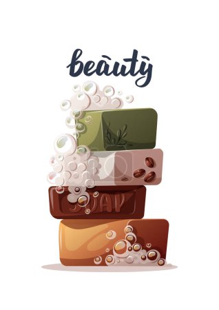 Illustration for Poster design with set of natural soaps with soapsuds. Beauty, skin care, body care, cosmetic, hygiene concept. Vector illustration for banner, card, poster. - Royalty Free Image