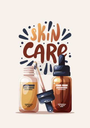 Poster design with set of creams and other cosmetics. Beauty, skin care, body care, cleansing concept. Vector illustration for banner, card, poster.        