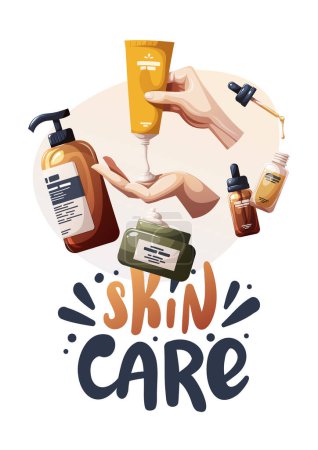 Illustration for Poster design with set of beauty products, cosmetics. Beauty, skin care, body care, cleansing concept. Vector illustration for banner, poster, card. - Royalty Free Image