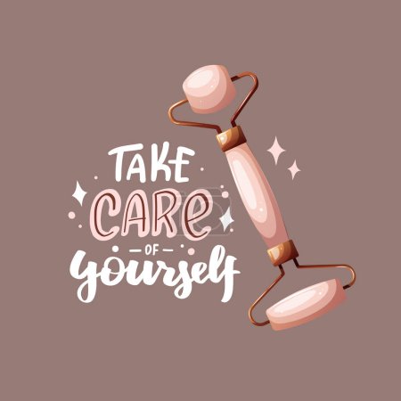 Card design with jade roller for gua sha massage and phrase. Beauty, skin care, body care, treatment, massaging concept. Vector illustration for card, banner, poster.