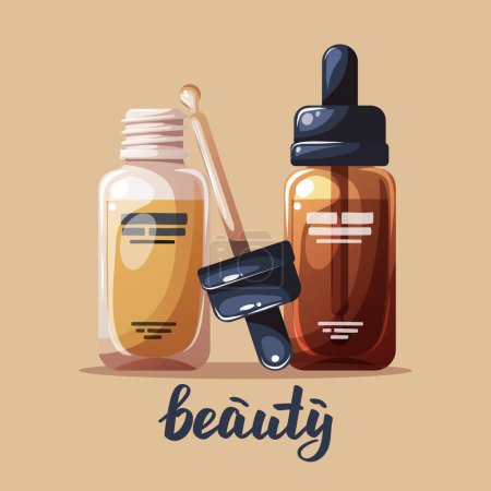 Carte avec des bouteilles de sérum. Beauté, soin de la peau, concept cosmétique. Illustration vectorielle pour bannière, carte, affiche.