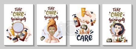 Illustration for Set of posters with woman, hands with creams, cosmetics, beauty products. Beauty, skin care, cosmetic, spa, shower concept. Vector illustration for banners, posters, cards. - Royalty Free Image