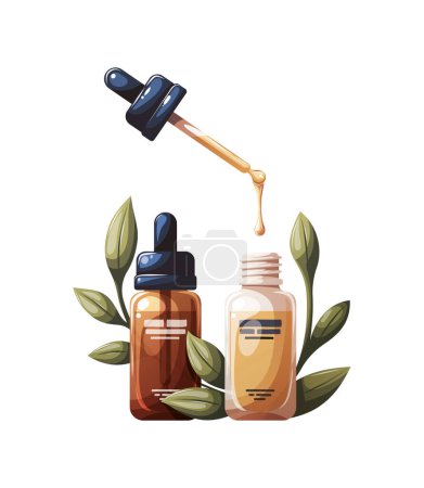 Bottles of serum on the white background. Beauty, skin care, cosmetics concept. Isolated vector illustration.