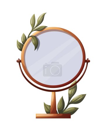 Table mirror with leaves on the white background. Beauty, skin care, bathroom concept. Isolated vector illustration.