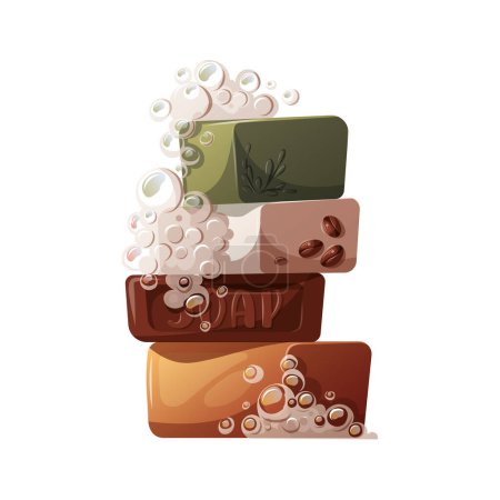 Set of natural soaps with soapsuds. Beauty, skin care, body care, cosmetic, hygiene concept. Isolated vector illustration.