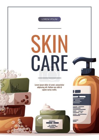 juego de cosméticos, jabón. Belleza, cuidado de la piel, cuidado del cabello, concepto de limpieza. Ilustración vectorial para banner, sitio web, póster.