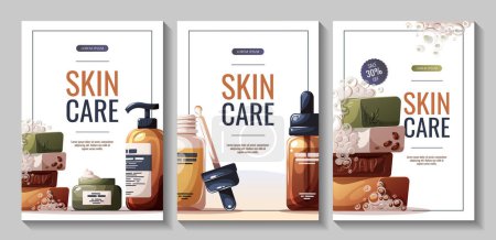 Set of flyers with beauty creams, soap, serum. Beauty, skin care, hair care, cleansing, cosmetics concept. Vector illustration for banners, promo, sale, posters.
