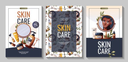 Téléchargez les illustrations : Set of flyers with woman, cosmetics, beauty products. Beauty, skin care, cosmetic, spa, shower concept. Vector illustration for banners, promo, sale, posters. - en licence libre de droit