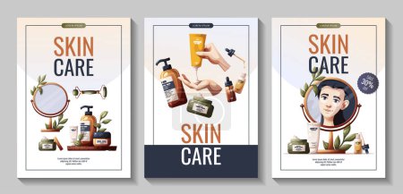 Set of flyers with woman in mirror reflection, hands with creams, cosmetics, beauty products. Beauty, skin care, cosmetic, spa, shower concept. Vector illustration for banners, promo, sale, posters.