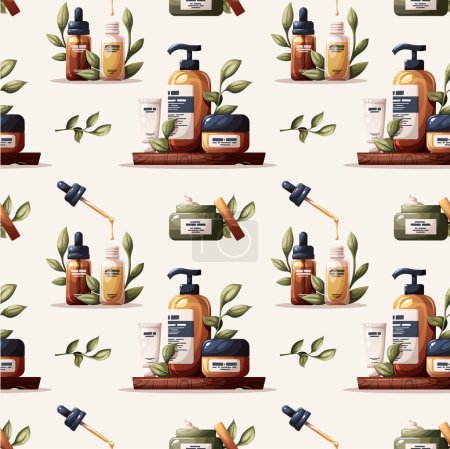 Seamless pattern with set of beauty products and cosmetics. Beauty, skin care, body care, cleansing concept. Vector illustration for banner, poster, website.