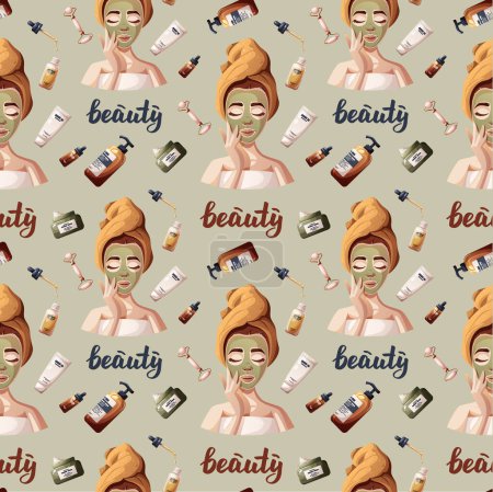 Seamless pattern with woman in towels and beauty products. Beauty, skin care, cosmetic, spa, shower concept. Vector illustration for background, scrapbooking, wrapping paper.