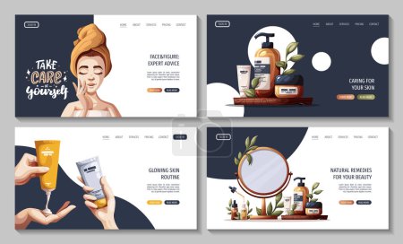 Set of web pages with woman, hands with creams, serum. Beauty, skin care, cosmetic, spa, shower concept. Vector illustration for banner, website, poster.