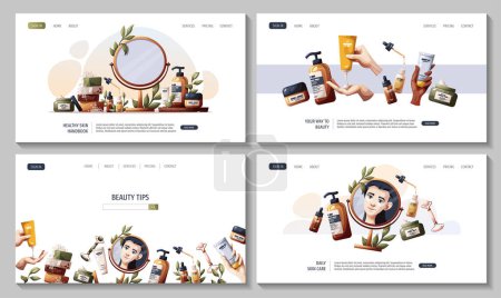 Set of web pages with woman, hands with creams, serum. Beauty, skin care, cosmetic, spa, shower concept. Vector illustration for banner, website, poster.