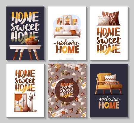 Set of cards with home interior design. Handwritten lettering. Vector illustration for postcards, posters, cards.  