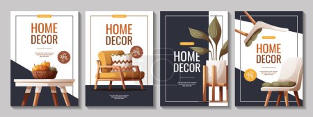 Set of flyers with cozy armchair, dining table, houseplant. Vector illustration for banner, promo, advertising