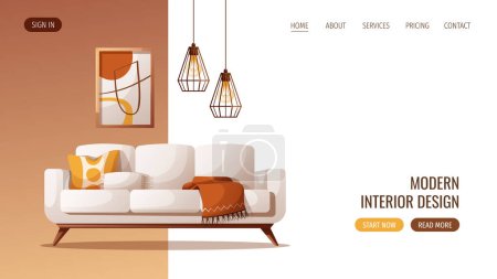 Webdesign mit gemütlichem weißen Sofa, abstrakter Malerei, Deckenlampen. Innenarchitektur, Wohnkultur, Möbel, Wohnzimmerkonzept. Vektor-Illustration für Banner, Website.