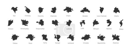 Ilustración de Siluetas de mapas de ciudades ucranianas. Conjunto de iconos negros: Kiev, Lviv, Odesa, Dnipro, etc. Ilustración vectorial aislada - Imagen libre de derechos