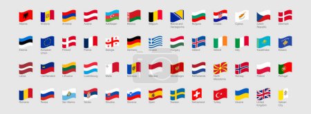 Illustration for 52 waving flags of European countries. Europe flag icon set. Flat element design. Vector isolated illustration - Royalty Free Image
