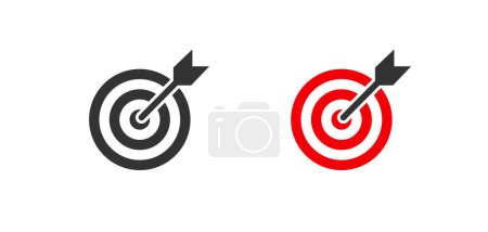 Ziel Dartscheibe mit Pfeil-Vektor-Symbol. Schwarz-rotes Schildersymbol im flachen Stil. Isolierte Vektorillustration für Webdesign