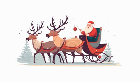 Ilustración de Trineo de Santa Clausin con dibujos animados planos de renos de Navidad aislados sobre fondo blanco. Ilustración vectorial - Imagen libre de derechos