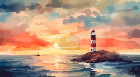 Lighthouse on the seashore at sunset, watercolour. Vector illustration