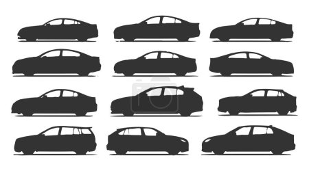 Ilustración de Conjunto de siluetas de coche negro aisladas sobre fondo blanco, ilustración vectorial - Imagen libre de derechos