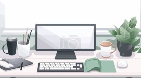 Workspace: office with computer and hot coffee in flat, vector illustration