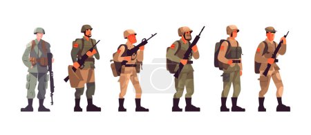 Conjunto de soldados, dibujos animados planos aislados sobre fondo blanco. Ilustración vectorial