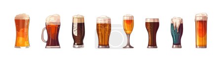 Illustration for Set of glasses with beer, flat cartoon isolated on white background. Vector illustration - Royalty Free Image