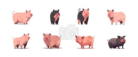 Ilustración de Conjunto de cerdo de dibujos animados planos aislados sobre fondo blanco. Ilustración vectorial - Imagen libre de derechos