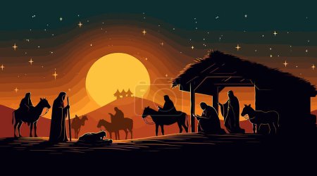 Téléchargez les illustrations : Histoire biblique de Noël fond plat de dessin animé. Illustration vectorielle - en licence libre de droit