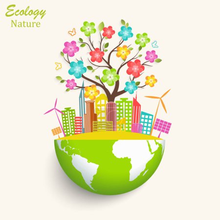 Ecologically clean world. City, solar panels, windmill, tree with bright colors on the globe. Vector illustration of ecology concept for modern infographic design