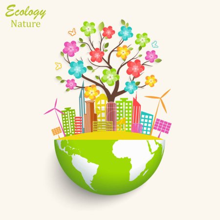 Illustration for Ecologically clean world. City, solar panels, windmill, tree with bright colors on the globe. Vector illustration of ecology concept for modern infographic design - Royalty Free Image