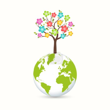 Ecology concept to save the planet. A paper tree with green leaves and colorful, vibrant flowers growing on a globe. Vector illustration isolated on white background