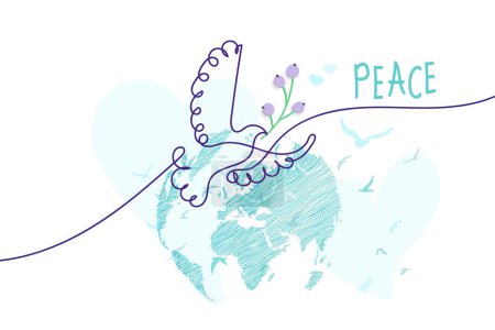 Journée internationale de la paix. Oiseau, globe, fleurs, dessin continu du c?ur. Concept d'amour, de paix et de gentillesse. Texte. Bannière web vectorielle, illustration, affiche, carte postale pour les médias sociaux, réseautage.