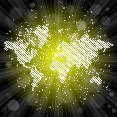 Illustration for World map. Political map of the world on a bright, colorful background. Globe. Sun rays. Bright yellow, blue, red, orange, green color explosive background. Vector illustration. - Royalty Free Image