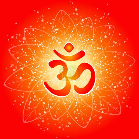 Ilustración de Om o Aum sonido sagrado indio. El símbolo de la tríada divina de Brahma, Vishnu y Shiva. El signo del antiguo mantra. Om signo en el espacio galáctico brillante. Sol. Patrón Sunburst. Ilustración vectorial - Imagen libre de derechos