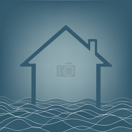Family house is flooded by flooding and deluge. Natural disaster and catastrophe. Vector illustration of building and wave of water.
